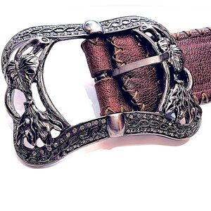 Post & Co Women's Silver Buckle Leather Whipstitched  Belt - Italy